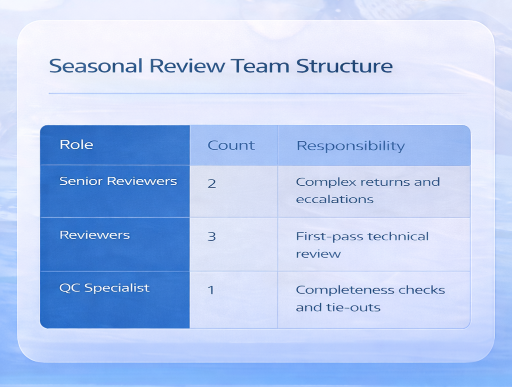 Safebooks assembled a six-person seasonal review team operating full-time for 12 weeks.