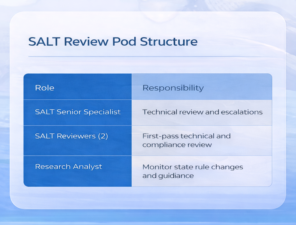 Safebooks assembled a specialized SALT review pod integrated into the firm’s existing tax systems.
